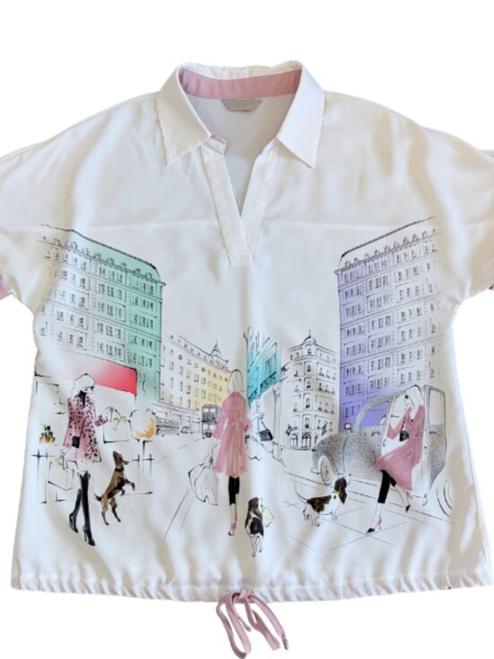 Aras Tops - Aras Paris City Print Blouse Art Deco Collared Novelty Art White Pink Size 40